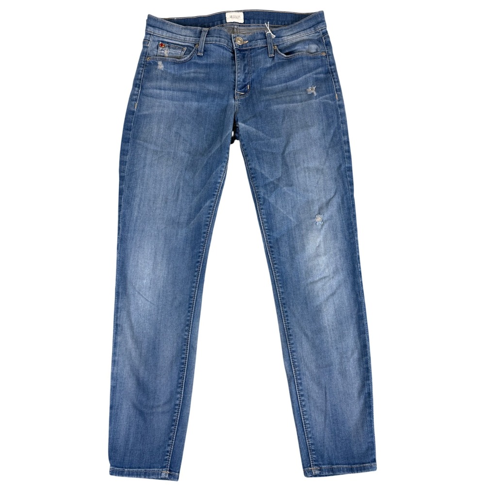 Hudson Jeans Nico Mid Rise Super Skinny Blue Distressed Denim Made in USA Sz 29